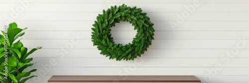Living room interior featuring a green Christmas wreath, brown table, and white shelf unit 