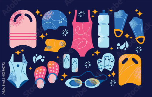 Seamless pattern swimming equipment and accessories swimsuits, goggles, flippers, swim caps, water bottle, towel, and kickboard. Flat cartoon illustration with colorful design elements isolated