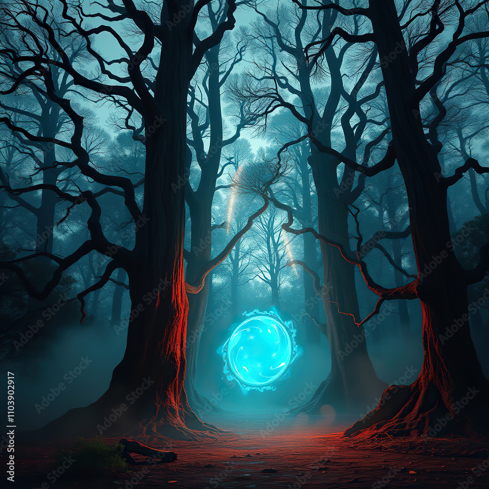 Naklejka premium Teal light emanating from a glowing portal in a mystical forest, radiant, glowing, iridescent, forest