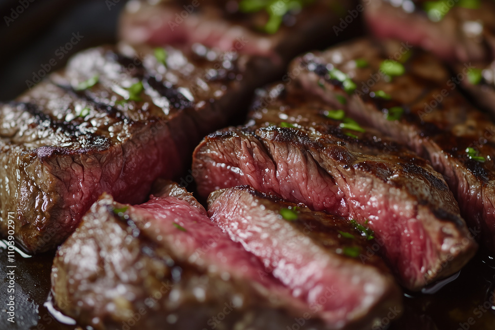 Close up shot juicy steak with medium rare, Selective focus red meat juice on steak, Medium rare steak. Close up shot juicy steak with medium rare, Selective focus red meat juice on steak, Medium rare steak.