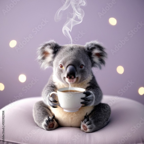 Relaxed koala holding a steaming cup of tea against a soft lavender background. Calmness, comfort, and tranquility creative concept photo