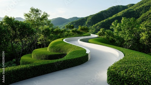 environmental consideration conservation nature concept. Serene landscape with a winding path through lush greenery. photo