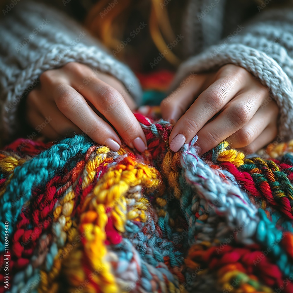 Cozy Hands on Colorful Knit Blanket