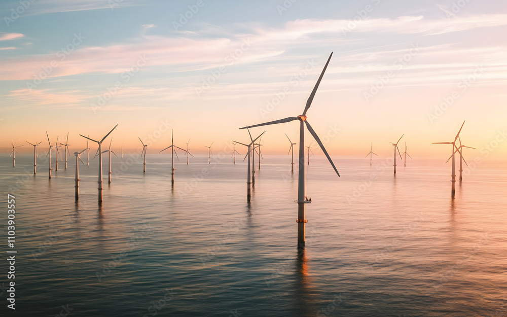Fototapeta premium Offshore Wind Farm at Sunset 