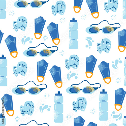 Seamless pattern swimming equipment and accessories swimsuits, goggles, flippers, swim caps, water bottle, towel, and kickboard. Flat cartoon illustration with colorful design elements isolated
