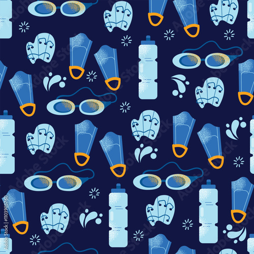Seamless pattern swimming equipment and accessories swimsuits, goggles, flippers, swim caps, water bottle, towel, and kickboard. Flat cartoon illustration with colorful design elements isolated