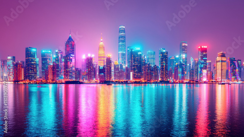 Vibrant skyline reflecting in the water during new year's eve celebration