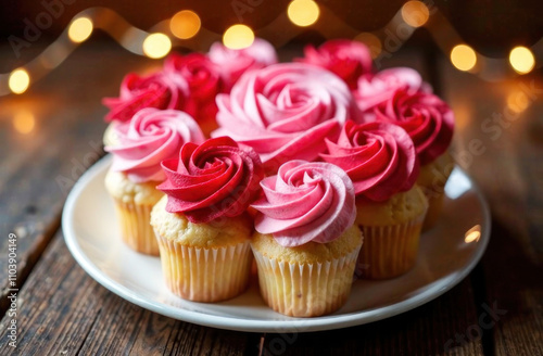 Colorful rose-shaped cupcakes are arranged on a white plate, creating an inviting and festive atmosphere