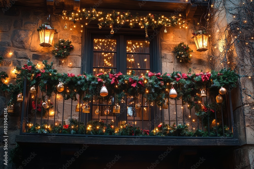 Urban balcony decorated with Christmas lights and bells, festive decorations against old stone wall. Urban balcony decorated with Christmas lights and bells, festive decorations against old stone wall.