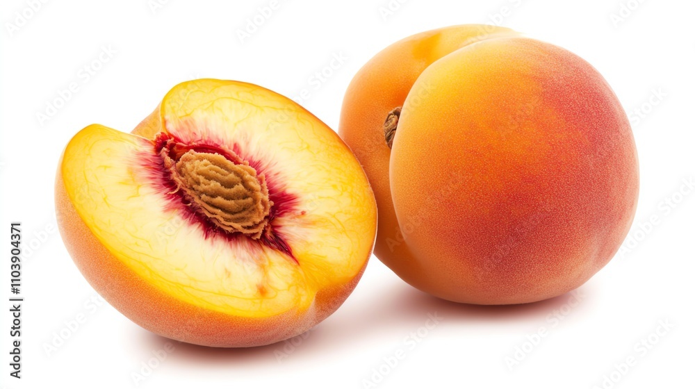 Fresh peach halves showcasing a juicy, vibrant interior, perfect for food photography or natural fruit displays. Fresh peach halves showcasing a juicy, vibrant interior, perfect for food photography or natural fruit displays.
