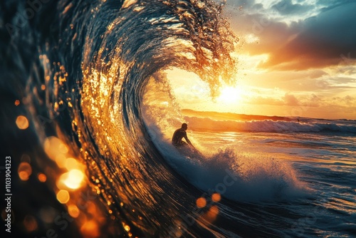 Surfer riding a massive golden wave at sunset in an epic display of nature’s power and beauty.