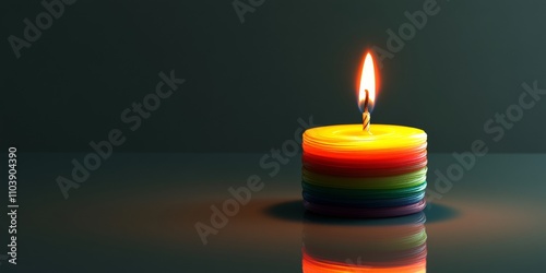 A glowing birthday candle with multicolored wax layers, placed on a clean, reflective glass tabletop photo