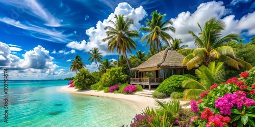 Tropical Beach Paradise: Stunning Architectural Photography Showcasing Beautiful Landscapes, Lush Greenery, and Crystal Clear Waters in a Serene Coastal Environment