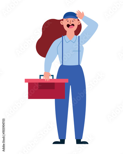 mechanic woman holds toolbox