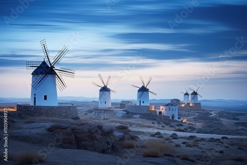 a group of windmills sit on the hill at sunset, in the style spanish  panorama, light indigo