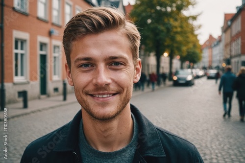 Close portrait of a smiling young Danish man looking at the camera, Danish city outdoors blurred background