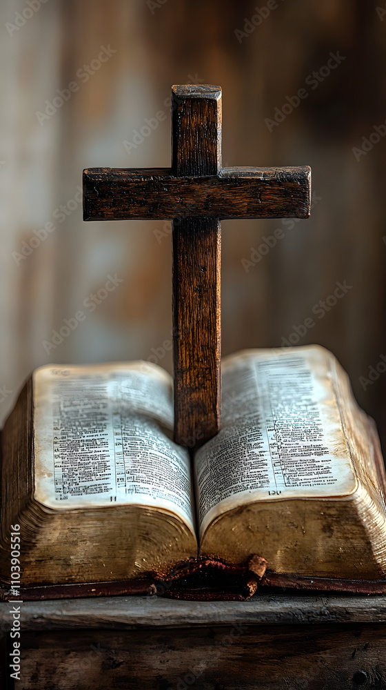 A wooden cross resting on an open Bible, symbolizing faith and the profound meaning of its words. The scene is set against a clean, white wood-paneled background, creating a serene and spiritual atmos A wooden cross resting on an open Bible, symbolizing faith and the profound meaning of its words. The scene is set against a clean, white wood-paneled background, creating a serene and spiritual atmos