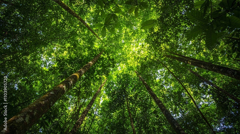 Fototapeta premium Tropical forest canopy seen from the floor with vibrant green leaves filtering sunlight, symbolizing trees' role in oxygen creation and carbon reduction, vital for sustaining our natural environment