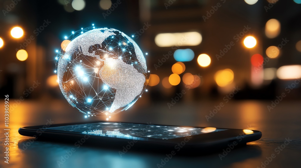 A glowing digital globe hovering above a smartphone, symbolizing global connectivity and technology in a modern urban setting at night. A glowing digital globe hovering above a smartphone, symbolizing global connectivity and technology in a modern urban setting at night.