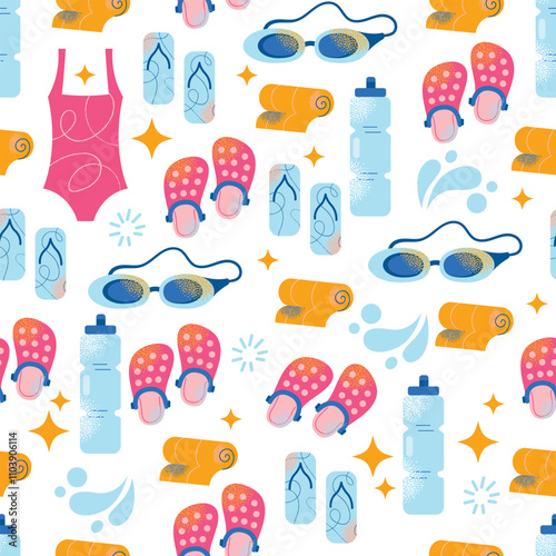 Seamless pattern swimming equipment and accessories swimsuits, goggles, flippers, swim caps, water bottle, towel, and kickboard. Flat cartoon illustration with colorful design elements isolated
