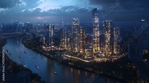 Wallpaper Mural A vibrant city skyline at dusk with illuminated buildings reflecting on a river. Torontodigital.ca