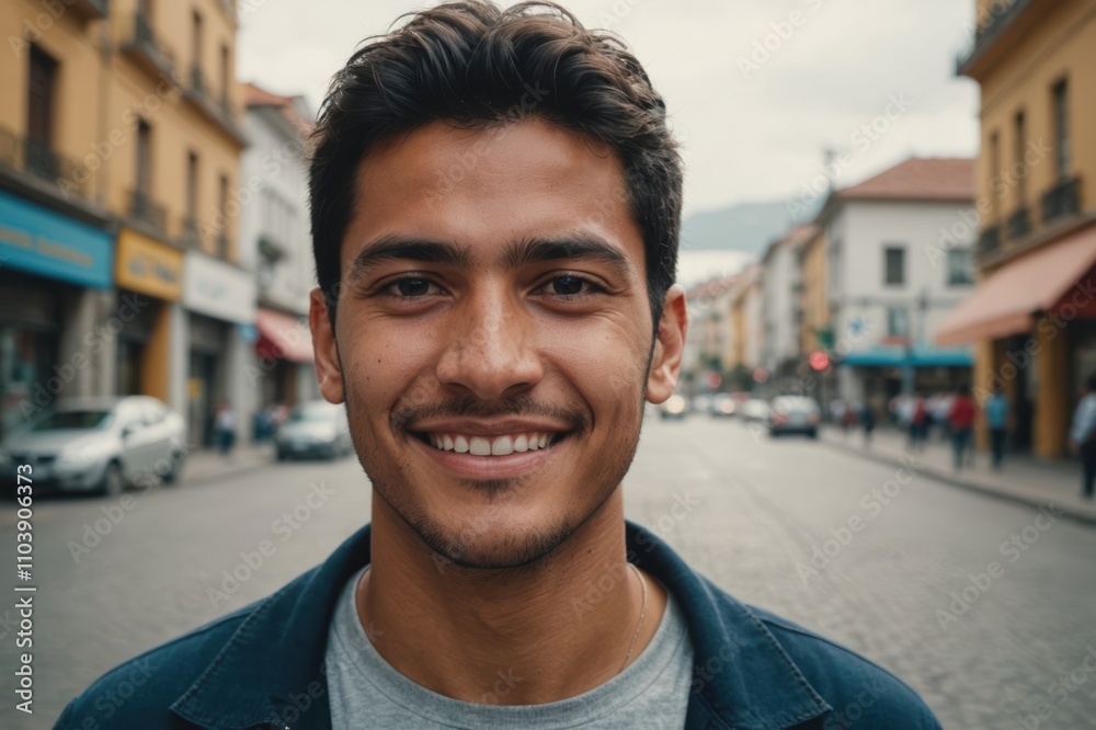 Close portrait of a smiling young Ecuadorean man looking at the camera, Ecuadorean city outdoors  blurred background