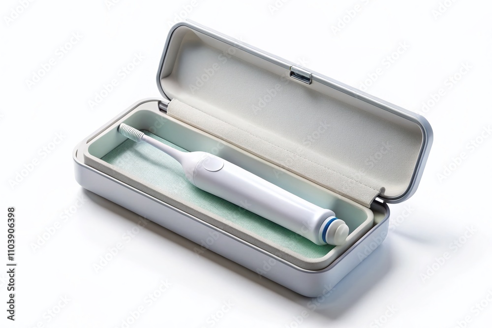 Ultrasonic Toothbrush in Travel Box Isolated on White Background with Reflection and Copy Space for Dental Care and Oral Hygiene Concept Ultrasonic Toothbrush in Travel Box Isolated on White Background with Reflection and Copy Space for Dental Care and Oral Hygiene Concept
