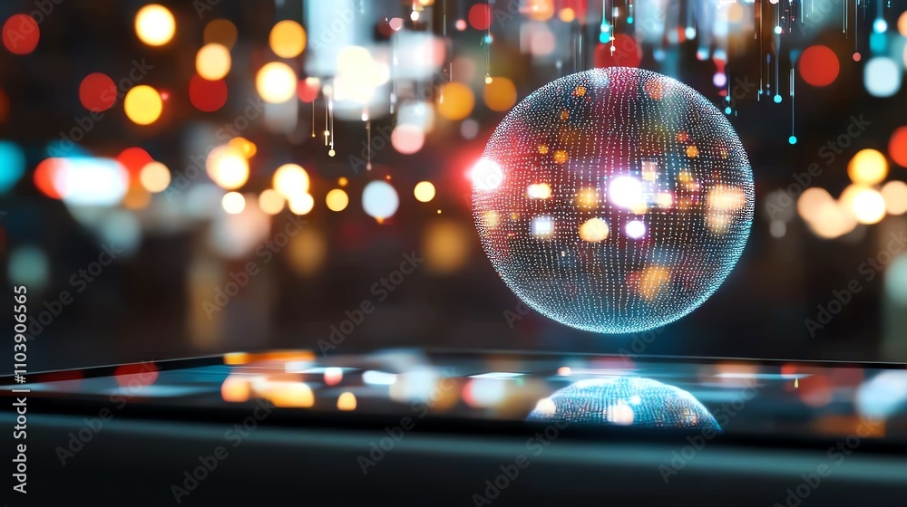 Futuristic digital sphere hovering above smartphone on city street with blurred bokeh lights, representing innovative technology and digital connection. Futuristic digital sphere hovering above smartphone on city street with blurred bokeh lights, representing innovative technology and digital connection.
