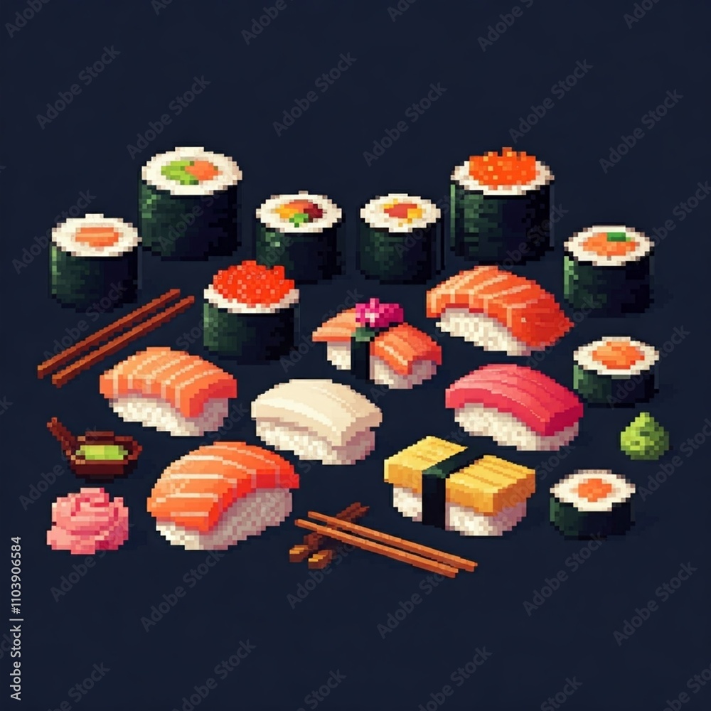 8-Bit Pixel Art Sushi Set with Bright and Vibrant Colors
