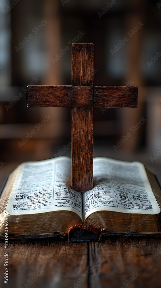 A wooden cross resting on an open Bible, symbolizing faith and the profound meaning of its words. The scene is set against a clean, white wood-paneled background, creating a serene and spiritual atmos A wooden cross resting on an open Bible, symbolizing faith and the profound meaning of its words. The scene is set against a clean, white wood-paneled background, creating a serene and spiritual atmos