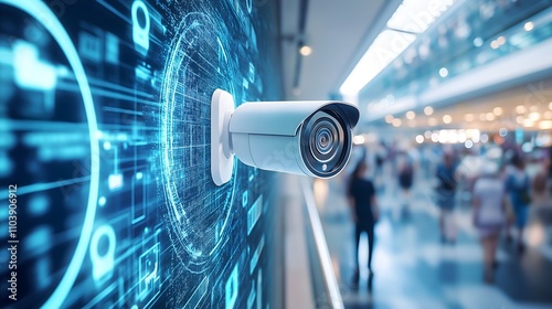 Security camera monitoring a busy public space with digital interface.