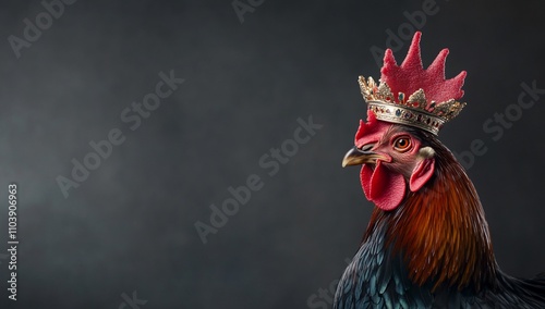 A crowned rooster with a regal appearance against a dark background.