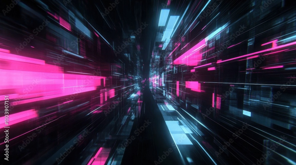 Dynamic portrayal of a high-speed data network features sleek black surfaces and vibrant neon pink and blue lines, illustrating the rapid flow of information in modern technology Dynamic portrayal of a high-speed data network features sleek black surfaces and vibrant neon pink and blue lines, illustrating the rapid flow of information in modern technology