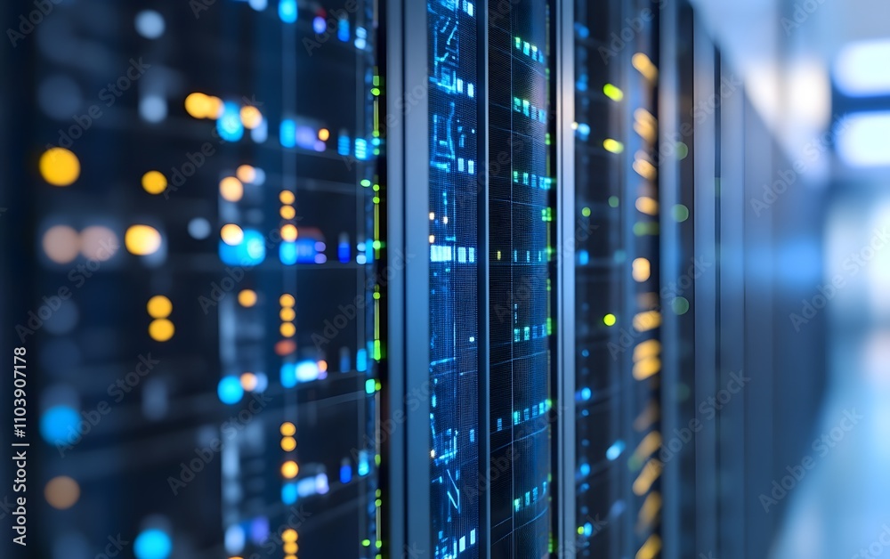 A close-up view of illuminated server racks in a data center, showcasing technology infrastructure. A close-up view of illuminated server racks in a data center, showcasing technology infrastructure.
