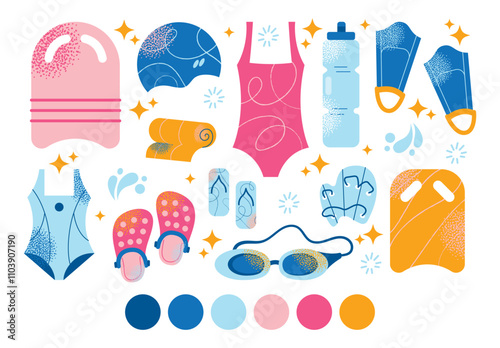 Collection of swimming equipment and accessories swimsuits, goggles, flippers, swim caps, water bottle, towel, and kickboard. Flat cartoon illustration with colorful design elements isolated