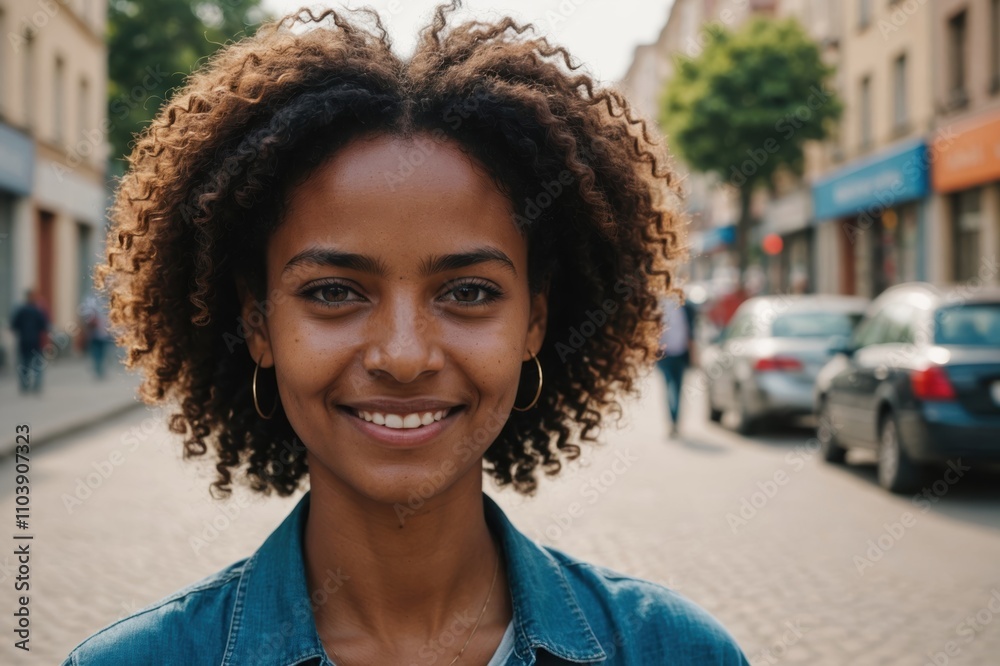 Close portrait of a smiling young Eritrean woman looking at the camera, Eritrean city outdoors blurred background Close portrait of a smiling young Eritrean woman looking at the camera, Eritrean city outdoors blurred background