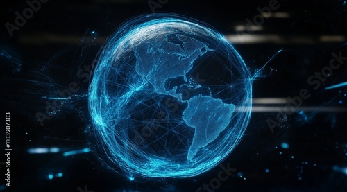 Illustration of the globe, surrounded by lines of neural connections and digital data. Technological background on the topic of the information field
