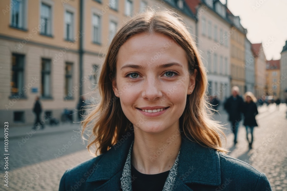 Close portrait of a smiling young Estonian woman looking at the camera, Estonian city outdoors blurred background Close portrait of a smiling young Estonian woman looking at the camera, Estonian city outdoors blurred background
