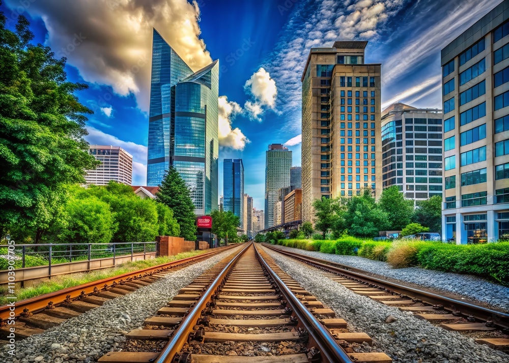 Fototapeta premium Urban Documentary Photography of Railroad Tracks in Uptown Charlotte, North Carolina, Capturing the Intersection of City Life and Transportation Infrastructure