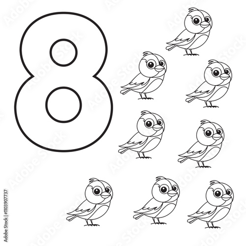 Number 8 coloring page with eight outlined birds, ideal for kids' educational and creative activities