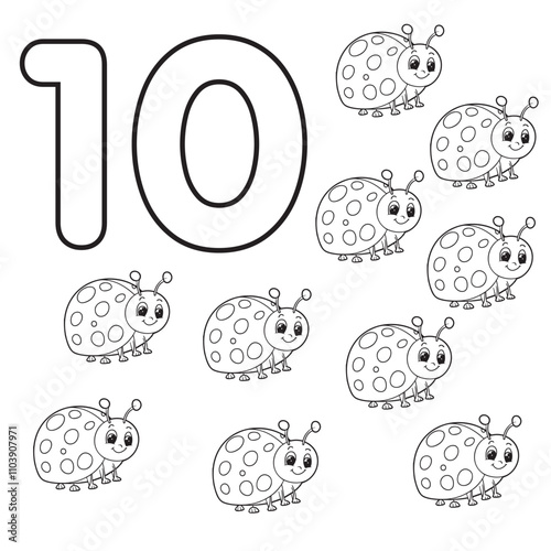 Number 10 coloring page with ten outlined ladybugs in a playful educational illustration for young kids