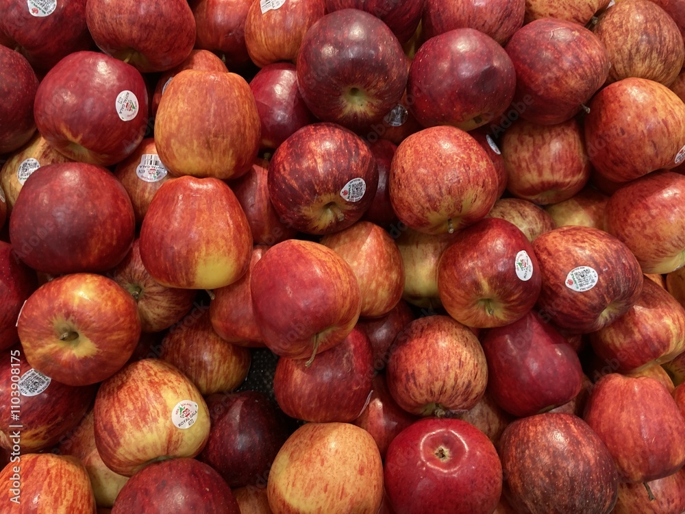 A Pile of Red and Yellow Apples in a Grocery Store Display, Fresh and Juicy Red Delicious Apples Ready to be Purchased A Pile of Red and Yellow Apples in a Grocery Store Display, Fresh and Juicy Red Delicious Apples Ready to be Purchased