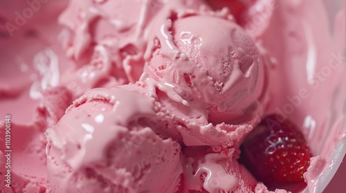 Pink Dessert Delight - Fresh Strawberry Ice Cream on Display. A delectable and vibrant visual showcasing the charm of strawberry ice cream against a pink background.