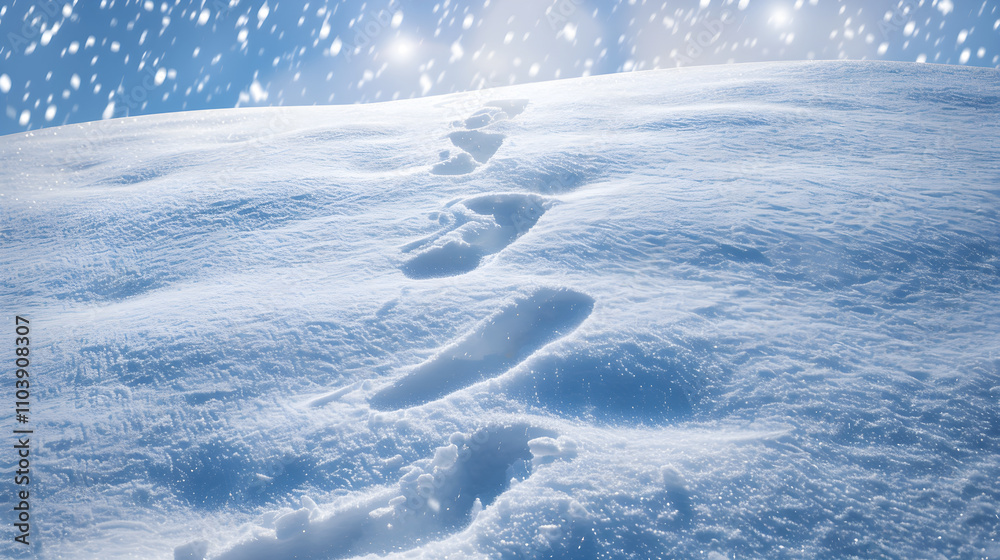 Snow-Covered Hill with Footprints Leading to a Recent Slip in a Peaceful Winter Scene Snow-Covered Hill with Footprints Leading to a Recent Slip in a Peaceful Winter Scene