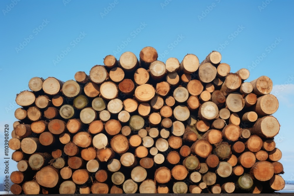 Freshly Cut Stacked Logs Against Realistic Blue Skies Freshly Cut Stacked Logs Against Realistic Blue Skies