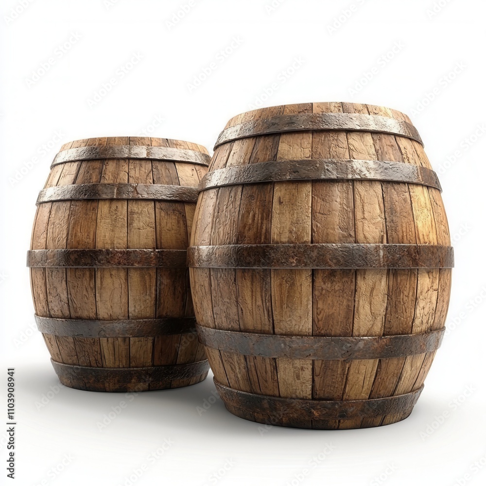Two rustic wooden barrels with metal bands, showcasing a classic design, ideal for storage or decorative purposes.isolate on white background Two rustic wooden barrels with metal bands, showcasing a classic design, ideal for storage or decorative purposes.isolate on white background