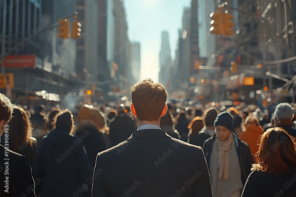 Lone Man in Suit, Sunlit City Rush Hour Crowd Lone Man in Suit, Sunlit City Rush Hour Crowd