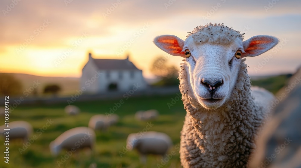 Fototapeta premium A close-up of a sheep with a scenic sunset backdrop, showcasing the beauty of rural life and the peacefulness of nature in a serene farm setting.