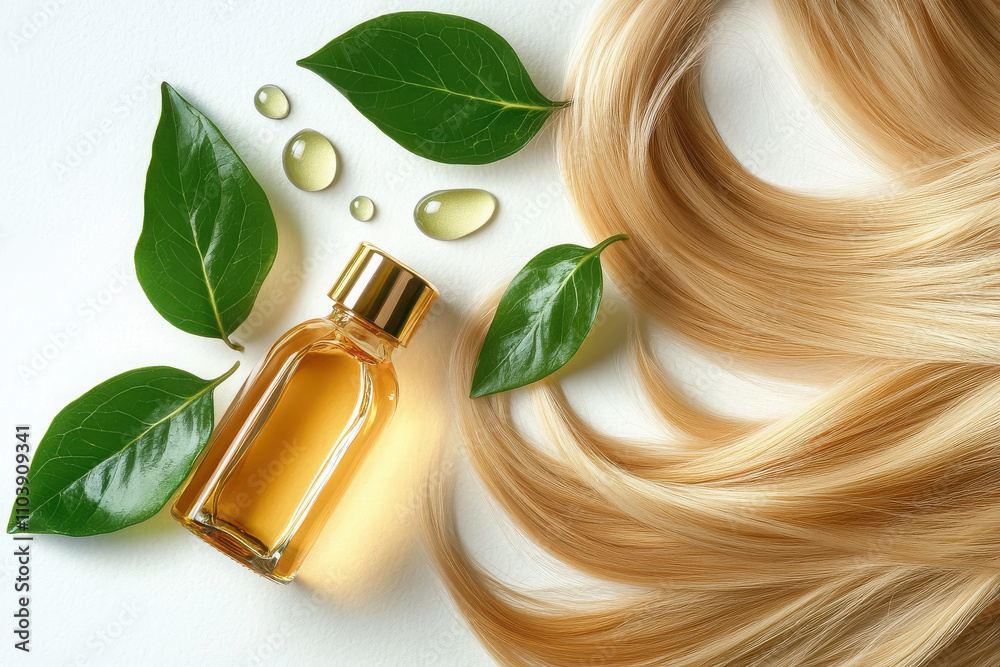 Naklejka premium A bottle of hair oil surrounded by green leaves and strands of hair.