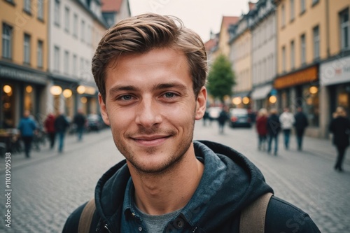 Close portrait of a smiling young German man looking at the camera, German city outdoors blurred background